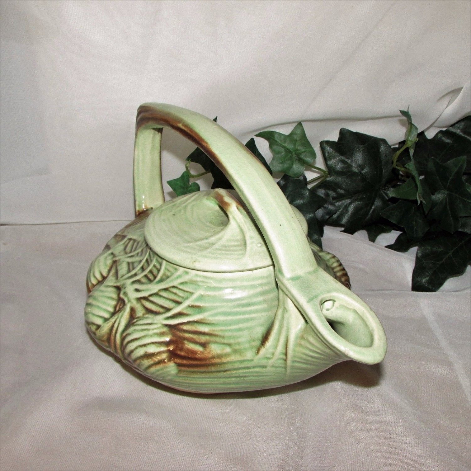 McCOY PINE CONE ART POTTERY TEA SET GREEN BROWN VINTAGE USA 1940's TEAPOT