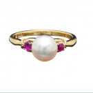 14k Yellow gold, 0.20ctw red Ruby, natural 5mm freshwater white pearl ring