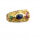 18k Yellow Gold Green Emerald Red Ruby Blue Sapphire Scroll Ring