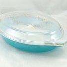 Pyrex Turquoise Oval Princess 1½ qt Casserole Dish Gold Color Scroll 945C Lid