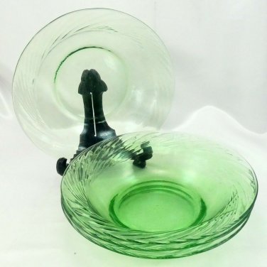 Pyrex Retro Green Depression Glass Cereal Soup Salad Bowls Spring Swirl Pattern