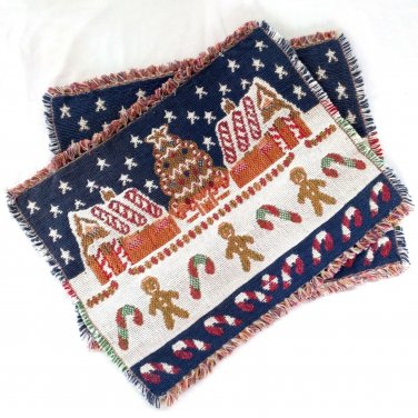 Gingerbread Man House & Candy Canes Placemats Woven Yarn w/ Fringed Border