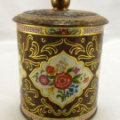 English Biscuit Tin Brass Coloring Embossed Vintage w/ Floral Accents Round Knob