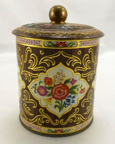 English Biscuit Tin Brass Coloring Embossed Vintage w/ Floral Accents Round Knob