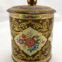 English Biscuit Tin Brass Coloring Embossed Vintage w/ Floral Accents Round Knob