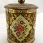 English Biscuit Tin Brass Coloring Embossed Vintage w/ Floral Accents Round Knob