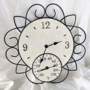 Time & Temperature Analog Quartz Clock Ornate Metal Faux Vintage White Face