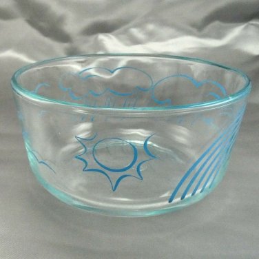Pyrex 7201 Blue Tint Cereal Serving Bowl Clear w/ Cyan Rain Clouds Sun Seagulls