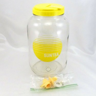 Vintage Sun Tea Gallon Yellow Jug Jar Pitcher Dispenser Flip Lid & Push Spout