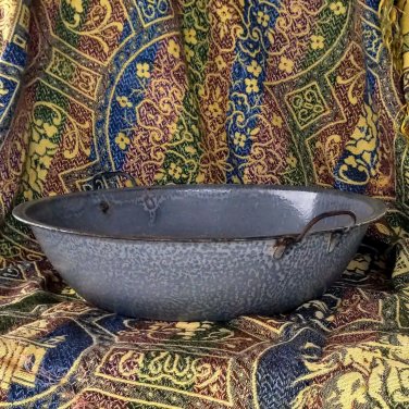 Vintage Enamelware Gray Mottled Washbasin Farmhouse Style 18" w/ Steel Handles