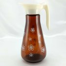 Anchor Hocking Amber Glass Syrup Pitcher w/ White Floral Daisies & Hinged Lid