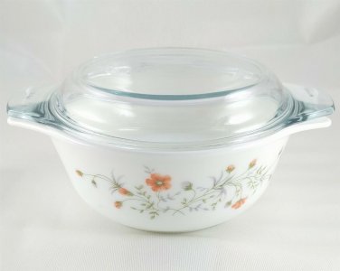 Pyrex England Emily Dish 6&Acirc;&frac12;" Spring Garden Vintage 1986 w/ Blue Tint 10C Lid