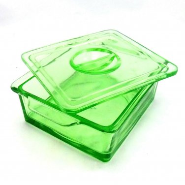 Hazel Atlas Trinket Box Depression Glass Vintage 1940s w/ Recessed Fingertip Lid