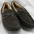 CHAPS Suede Leather Moccasin Slippers Brown w/ Faux Fur Lining Size L (9.5-10.5)
