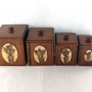 Vintage Wooden Canisters /w Decorative Front Carved Kitchen Utensils ~ Set of 4