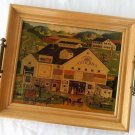 Retro Small Town Antique Street Scene Serving Display Wood Tray & Metal Handles