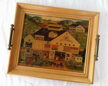 Retro Small Town Antique Street Scene Serving Display Wood Tray & Metal Handles