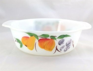 Fire King 447 Hand Painted Fruit Design 1&Acirc;&frac12; Qt Casserole Serving Bowl Tab Handles
