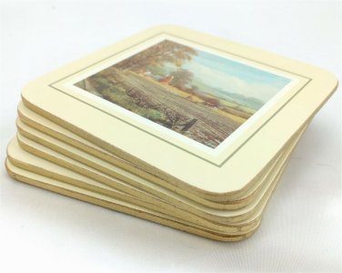 Vintage Cork Back Country Coasters Gilt Edge 4" x 4" Rural Scenes ~ Set of 6