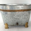 Galvanized Oval Planter 20" x 12" Embossed Florals Brass Claw Feet Handle & Trim