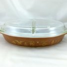 Pyrex Americana Vintage Brown Gold Divided Dish w/ 945-C Lid ~ Made in the USA