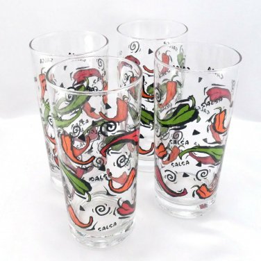 SALSA Cinco de Mayo Fiesta Party Tumblers 16oz Green Orange Peppers Glasses