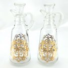 Anchor Hocking Oil Vinegar Cruets w/ Stoppers Gold Tone Filigree ~ Small Chip