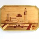 Inlaid Wood Tray Dome & Tower Building Skyline w/ Brass Handles & Filigree Edge