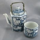 Toyo Porcelain Brass Teapot Blue Banzai Pattern w/ Matching Teacup SCREW MISSING