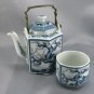Toyo Porcelain Brass Teapot Blue Banzai Pattern w/ Matching Teacup SCREW MISSING