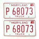 Vintage Front & Back Maryland 1980 Truck License Plates P 68073 Red & White