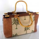 Vintage Purse Handbag by BUENO Bamboo Handles Canvas Palm Tree Woven Vinyl
