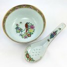 Chinese Bowl and Spoon Translucent Rice Pattern Hand Painted Gold Colored Edging