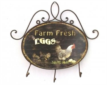 Farm Fresh Eggs Key Holder Faux Vintage Rustic French Country Metal Wall Sign