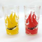 Vintage Sailboat Juice Glasses Red & Yellow 8 oz Sailing Design w/ Birds & Flags