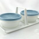 Tupperware 1550 White Condiment Caddy with 2- 1323 Sheer Bowls & Blue Lids 812