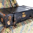 Vintage Leather Bound Fiberboard Suitcase w/ Brass Clasps & Lock VERY DISTRESSED
