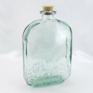 Vintage Embossed Whiskey Flask Decorative Green Glass Cork Bottle 8.5" x 5.5"