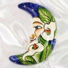Whimsical Crescent Moon Face w/ Leaves & Florals Glazed Chalkware Figurine 8"
