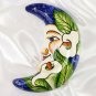 Whimsical Crescent Moon Face w/ Leaves & Florals Glazed Chalkware Figurine 8"