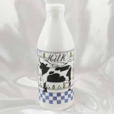 Decorative Milk Glass Bottle Quart Farmhouse Cottage Cow Meadow Scene