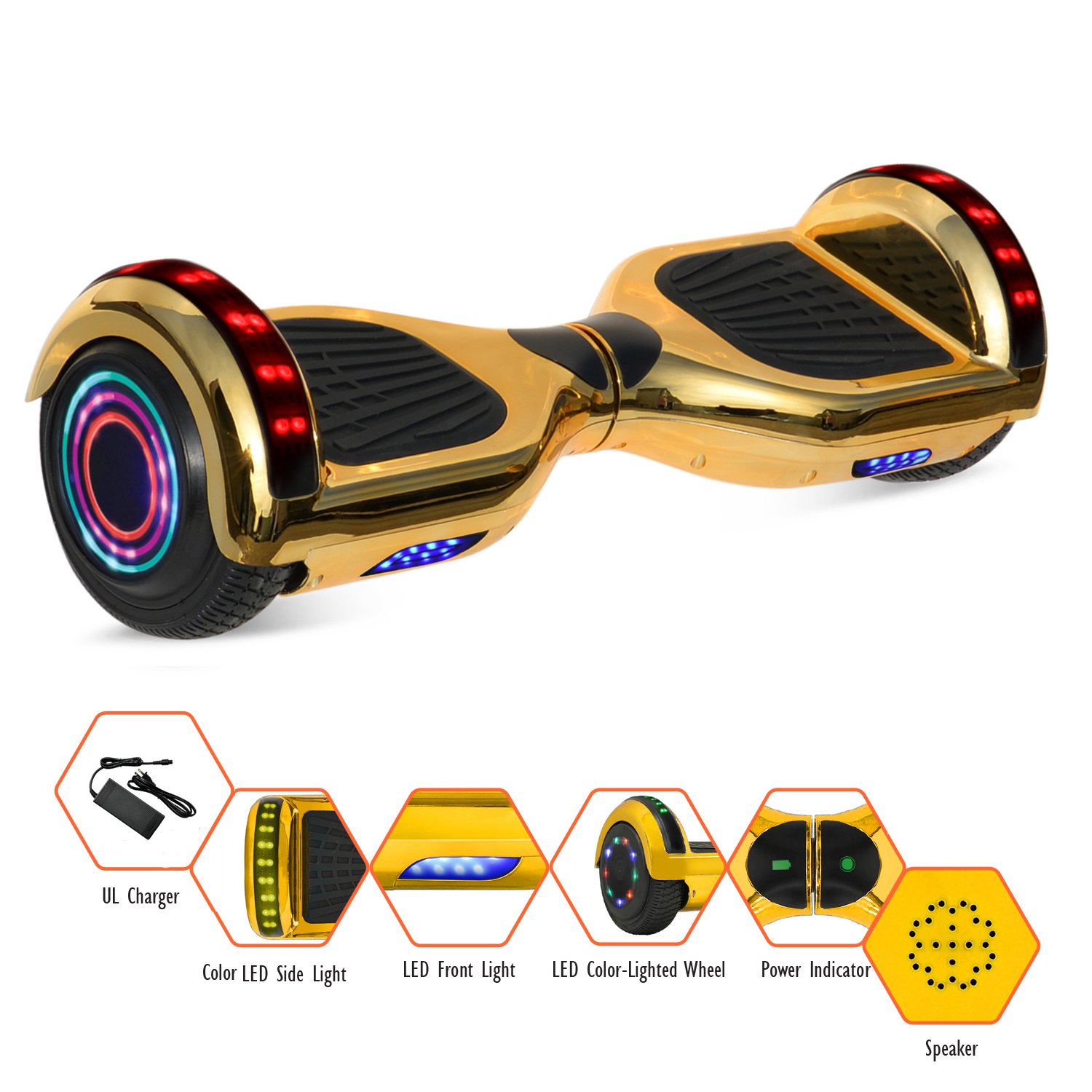 GlareWheel Chrome Gold Hoverboard BuiltIn Bluetooth Speaker UL2272