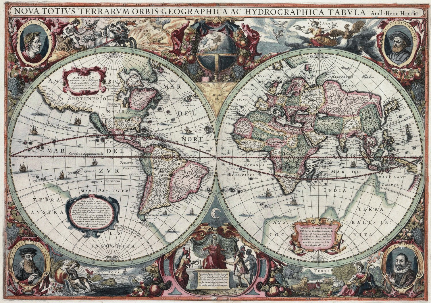 Terrarum Orbis map of the world created by Hendrik Hondius 18"x28" (45cm/70cm) Canvas Print