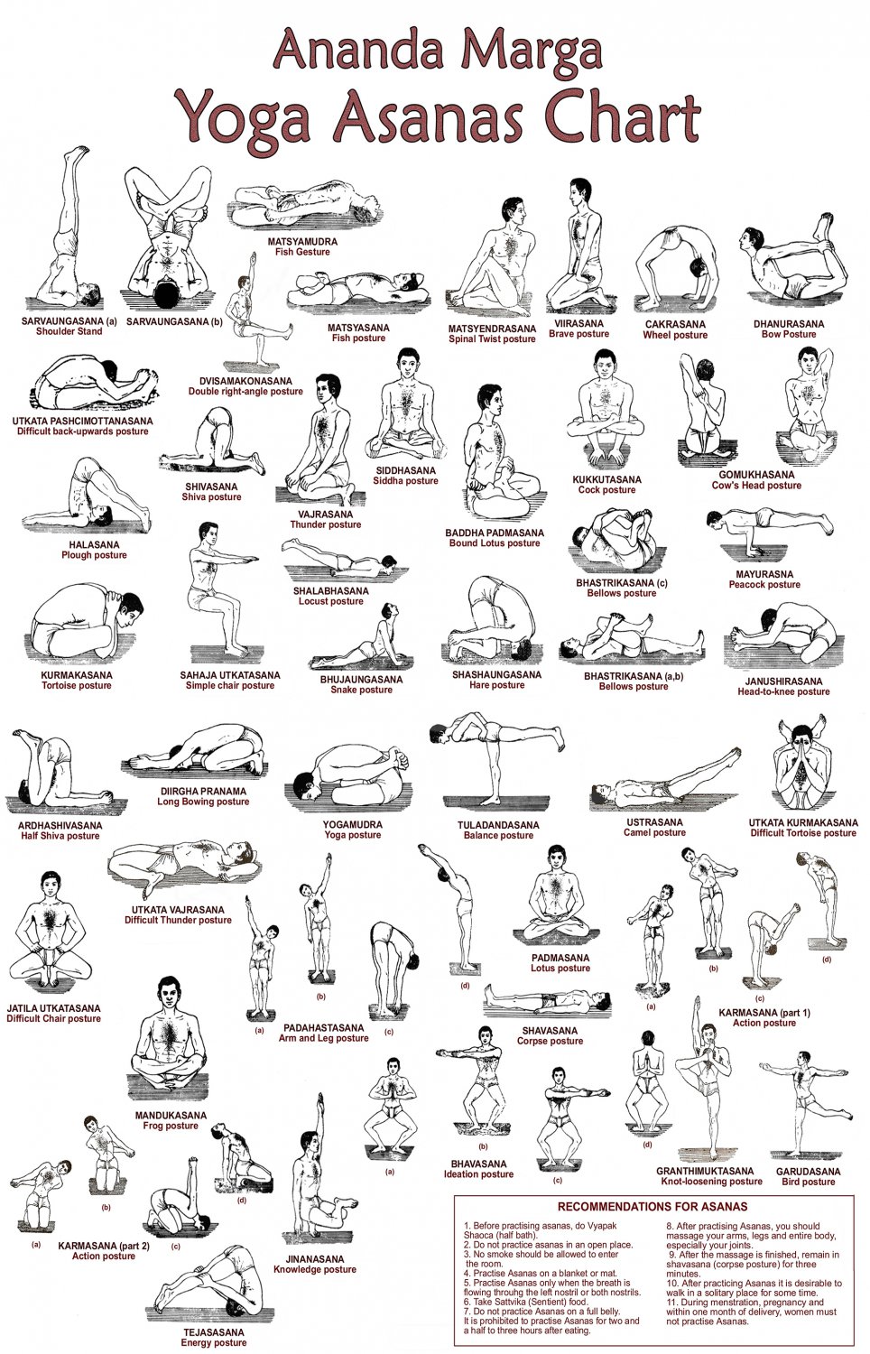 Ananda Marga Yoga Asanas Chart 13"x19" (32cm/49cm) Polyester Fabric Poster