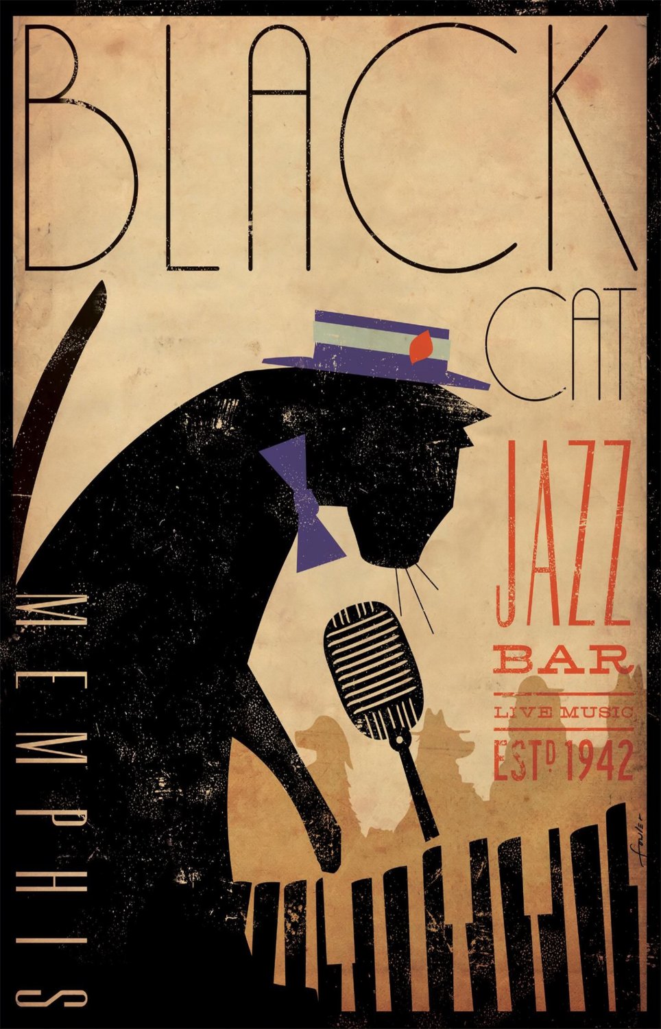 Black Cat Jazz Bar 13"x19" (32cm/49cm) Polyester Fabric Poster