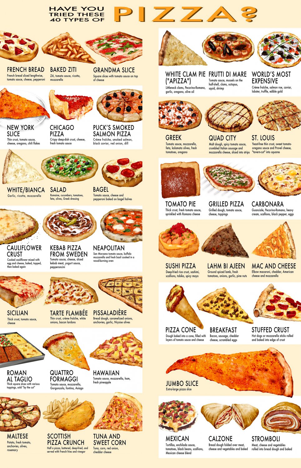 Have you tried these 40 types of Pizza Chart 13"x19" (32cm/49cm) Polyester Fabric Poster