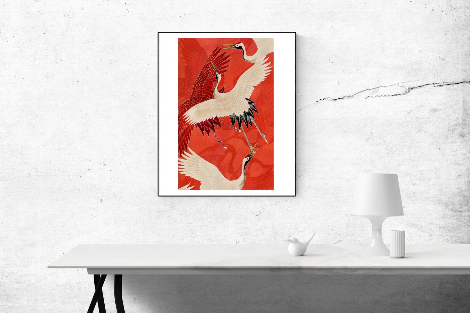 Red Cranes Vintage Japanese Art  13"x19" (32cm/49cm) Polyester Fabric Poster