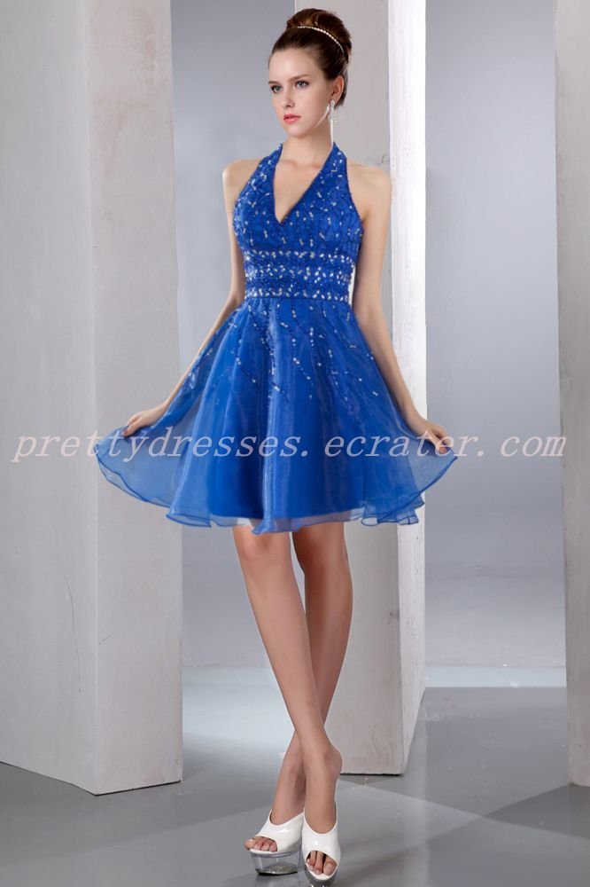 Short Length Halter Neckline Royal Blue Sweet 16 Dress