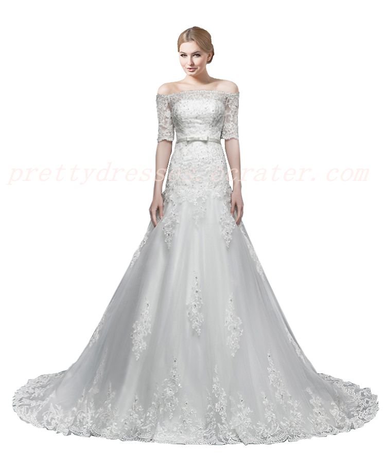 Stunning Off Shoulder Short Sleeves A-line Lace Wedding Dress