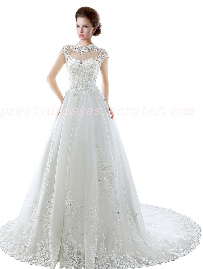 Cap Sleeves High Neck Lace Wedding Dress For Ceremony